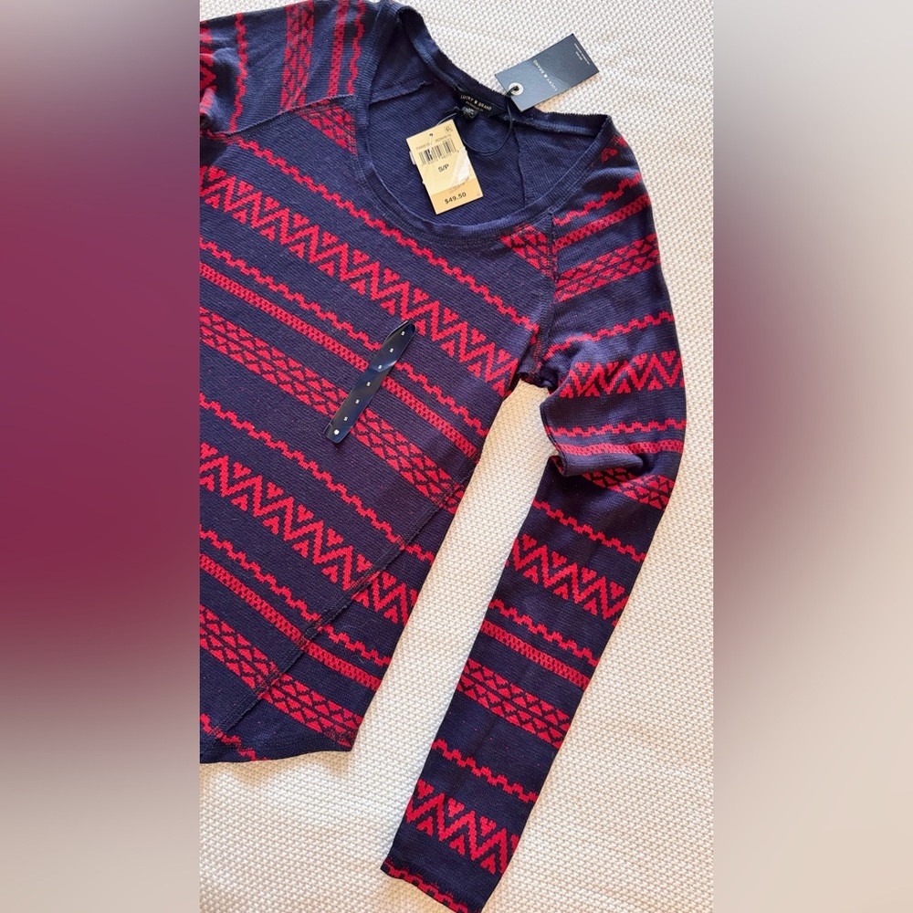 LUCKY BRAND Woven Navy & Red Fair Isle Knit Top Lightweight Thermal Tee - Picture 3 of 15